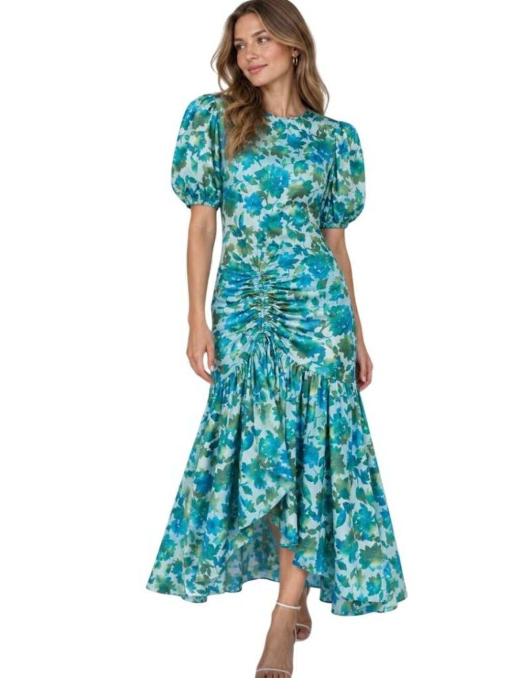 AMUR Trissa Ruched Midi Dress Cerulean Lotus block print Recycled Poly - Size 4